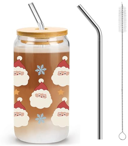 Nymora Vasos de Navidad 500ml con Tapa y Paja – Diseño Reno y Papá Noel, Regalo Navideño, para Cerveza y Café, Decoración Festiva