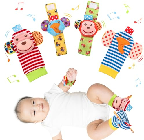 Halinuia 4 Pcs Handgelenk Rasselsocken und Fußfinder Baby Spielzeug Babygeschenke Gurt Rasseln Set Baby Frühe Bildung Spielzeug Sensorik Spielzeug Baby für 0–12 Monate Mädchen und Jungen