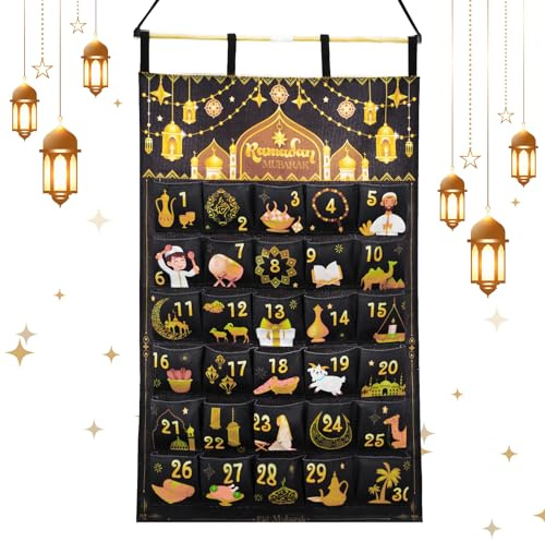 AhfuLife Ramadan Adventskalender zum Befüllen aus Stoff, 2026 Ramadan Wandkalender Wiederverwendbar mit 30 Stofftaschen für Organisation von Eid Süßigkeiten, Keksen, Kleinen Geschenken (Schwarz)