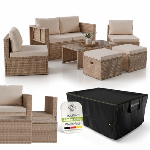 Juskys® Polyrattan Gartenmöbel Set Salou inkl. Abdeckung - Outdoor Lounge wetterfest 6 Personen - Sitzecke mit Tisch & Kissen für Garten, Balkon, Terrasse - Creme/Sand