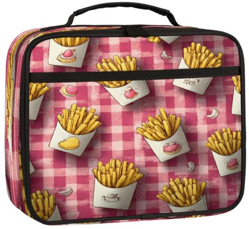 PAXLFCXF French Fries Lunch Box Bag for Women Men Checkered Soft Insulated Lunchbag with Handle Freezable Cooler Back Reusable Lunch Tote Bag for Office Work Sports Beach Picnic