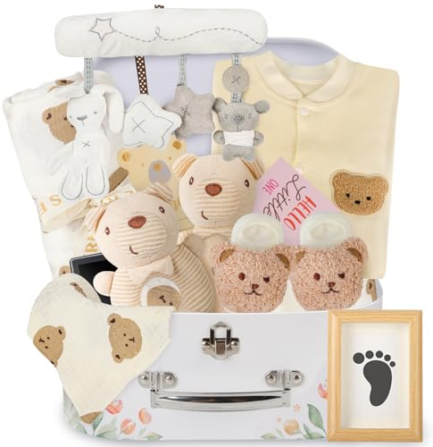 Herefun Baby Geschenk Jungen Mädchen, Neugeborenen Geschenk zur Geburt, Babygeschenke Babyparty Shower Set mit Baby Strampler, Socken, Badetücher, Grußkarten, Greifling Rassel Spielzeug
