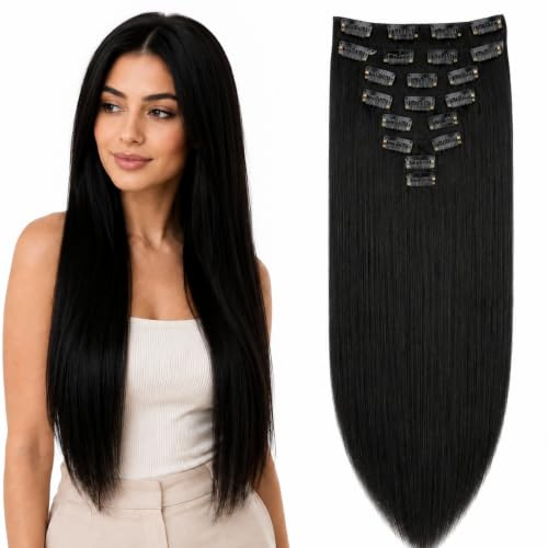CAISHA XL 60cm 8 Piece Set CLIP IN EXTENSIONS Hair Extension Hairpiece Straight Black CES1