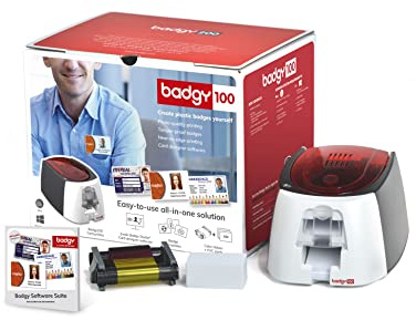 Badgy 100 All In One, Stampante per carte di plastica e distintivi, getto d'inchiostro, Nero, 50 carte