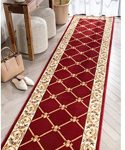 Patrician Trellis Red French European Formal Traditional 3x12 (2'7 x 12') Runner Rug Stain/Fade Resistant Contemporary Floral Thick Soft Plush Hallway Entryway Living Dining Room Area Rug
