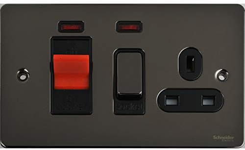 Schneider Electric Ultimate Flat Plate – Unité de commande de cuisinière avec prise de courant simple 13 A, double pôle, indicateur néon, 45 A, GU4201BBN, nickel noir avec insert noir