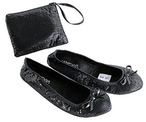 Varsany Roll Up Satin Black Foldable Pumps Flats Ballet Dance After Party Shoes with Foldable Bag