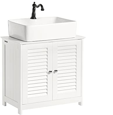 SoBuy Meuble sous Lavabo Salle de Bain avec Découpe pour Siphon 60x35x58 cm | Meuble sous Vasque avec 2 Portes et 2 Étages, Placard de Rangement pour Salle de Bain, Blanc, FRG237-W