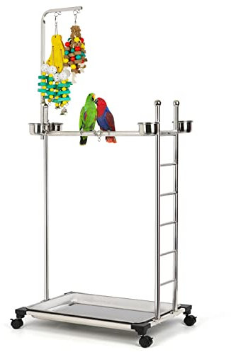 Olpchee Großer Papageienständer aus Edelstahl mit Futternäpfen, Höhe 144 cm (inkl. Spielzeug)