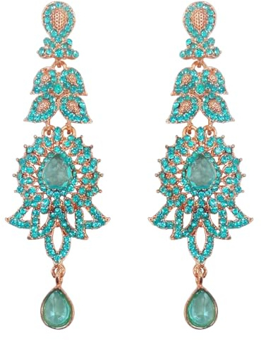 Touchstone Hollywood Glamour Oscar Collection Indisk Attraktiv Paisley Motiv Filigran Turkos Designer Bröllopssmycken Långa Ljuskrona Örhängen I Antik Guld Ton För Kvinnor.