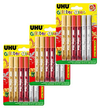 UHU Glitter Glue, Glitzerkleber zum Basteln in Tube mit feiner Dosierspitze, 6 x 10 ml (3 Farben sortiert | 3 Packungen)