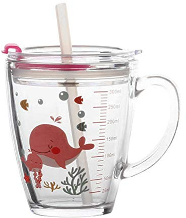 350ml Enfants Tasse à Lait en Verre avec Paille Silicone Verre à Boire avec Poignée Transparent Potable Gourde de Doseur avec Couvercle Gobelet Pichet d'Eau Jus Anti-fuite pour Garçons Filles 4-6Ans