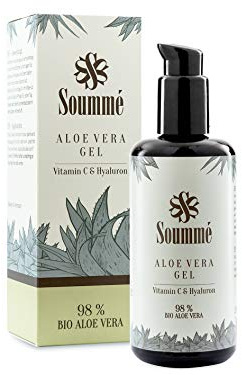 Soumme Aloe Vera Gel // 100% Natürlich // 98% BIO Aloe Vera // Mit Vitamin C & Hyaluron // Vegan // Riecht frisch dank natürlicher Grapefruit // Glasflasche 200ml
