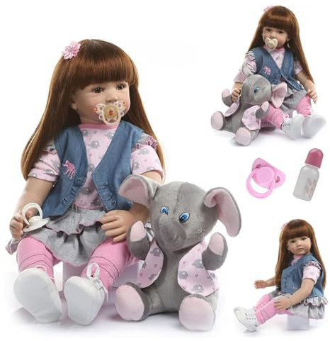ZIYIUI Reborn Babys Mädchen 24 Zoll 60cm Reborn Babypuppen Lebensechtes Weiches Silikon-Vinyl-Kleidungsset und Baby-Elefanten-Spielzeug Reborn Baby-Puppe Langhaar-Spielzeug-Geschenk