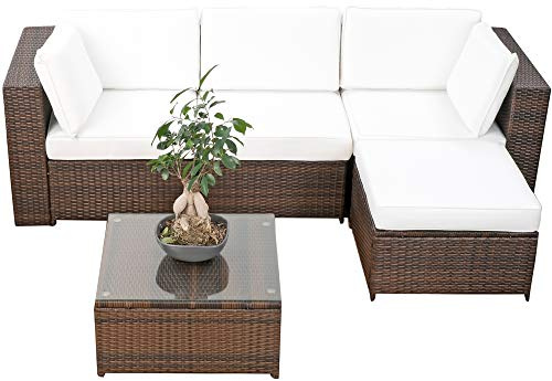 XINRO Rattan Lounge XL - Balkon Loungemöbel XL 15-TLG 3-Sitzer Polyrattan braun-Mix Kissen Weiss