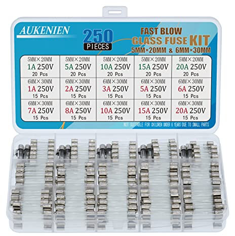 AUKENIEN 15 Values 250pcs Fast Blow Glass Fuses Assortment Kit 5x20mm 1A 5A 10A 15A 20A 250V 6x30mm 1A 2A 3A 5A 6A 7A 8A 10A 15A 20A 250 Volt Quick Blow Round Glass Tube Fuse Assorted Kit
