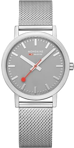 Mondaine Classic Schweizer Damen Armbanduhr mit silbernem Mesh-Edelstahl-Armband, typischer Bahnhofsuhr-Style, Durchmesser 36mm