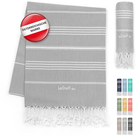 LeStoff XXL Hamamtuch Picknickdecke, 100% Bio-Baumwolle, 200x200 cm, Grau | Liegetuch für Strand, Yoga, Camping und Reise – sandfrei, vorgewaschen, nachhaltig, leicht, saugstark und schnelltrocknend