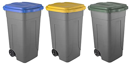Eplastic - Set 3 Bidoni Raccolta Differenziata 100L | Contenitori Rifiuti con Coperchi Colorati (Verde, Blu, Giallo) | Pattumiere Ecologiche per Casa e Ufficio - Corpo Grigio Resistente