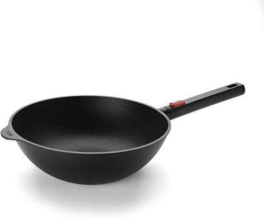 Woll Eco Logic QXR Wok- und Rührpfanne und Rührpfanne - Induktiv -, Ø 28 cm, 10 cm hoch, mit abnehmbaren Stiel - Geeignet für alle Herdarten, PFAS-frei, Aluguss, backofenfest, schwarz