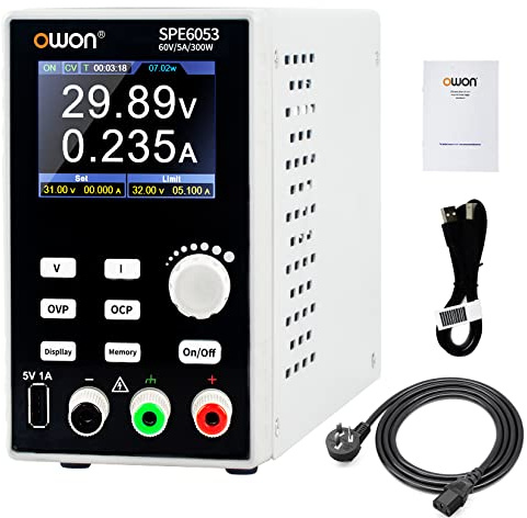 OWON SPE6053 Fuente de alimentación de Laboratorio programable (0-60 V 0-5A), Fuente de alimentación de CC de 300 W, Pantalla LCD de 2,8 Pulgadas, Software de PC de Salida de Canal único y Carga USB