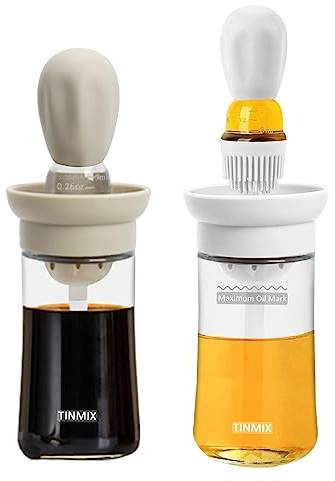 TINMIX Dispenser olio con spazzola, 2 in 1, 180 ml, 2 confezioni, dispenser olio, bottiglia per cucina, contenitore di vetro,dispenser di olio d'oliva per cucinare, grigliare, forno, bianca e grigio