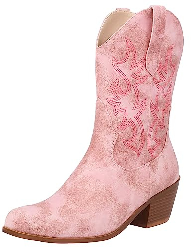 rismart Botas Vaqueras de Western Mujer Media pierna Bordado Zapatos Rosa,39