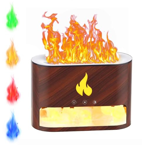 FAcoLL 3-In-1 Flame Humidifier Essential Oil Diffuser, 250ML High Mountain Salt Lamp Diffuser, Ultrasonic Oil Diffuser with 4 Color Lighting and 7 Gradient Color, Air Humidifier darkwoodgrain