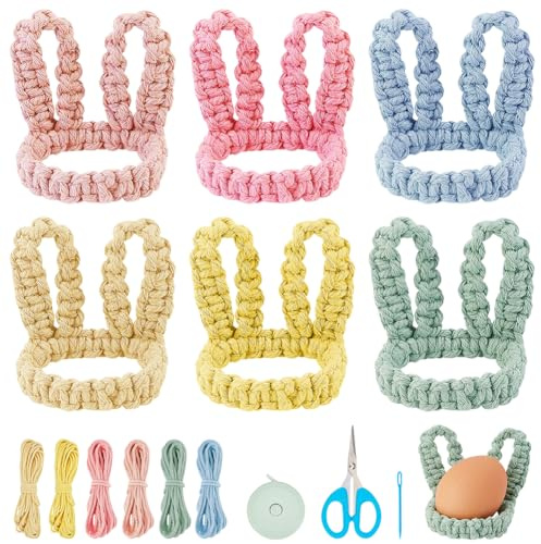 WEBEEDY 6 Set Ostereierhalter Makramee-Set DIY-Ei-Display Tassenständer Niedliche Osterei-Ohren Häkelornament Gartentür Raumdekoration Videoanleitung Enthalten