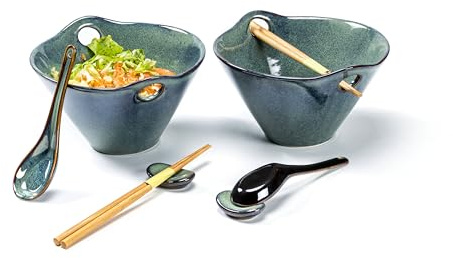 Set Ramen Bowl mit Essstäbchen, Ramen Schüssel Keramik Japanisch, Löffel und Löffelruhe für 2 Personen, Asiatisches Geschirr für Spülmaschine und Mikrowelle