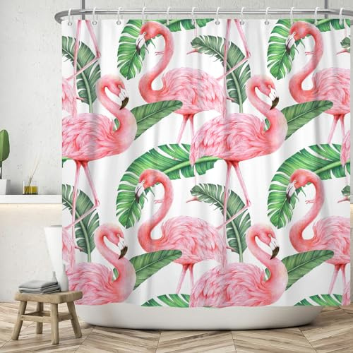 ASDCXZ Flamingo Duschvorhang 180x240 cm, Frühling Tropisch Pflanzen Grün Blätter Pink Flamingo Waschbar Duschvorhänge Polyester Stoff Wasserdicht Anti Schimmel Duschvorhang für Badewanne mit 12 Haken