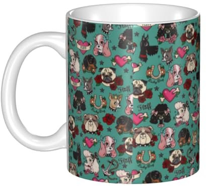 Tasse, Keramiktasse, Kaffeetasse, Teetasse, geeignet für Küche, Restaurant, Büro, 330 ml,Tattoo Hunde Blaugrün