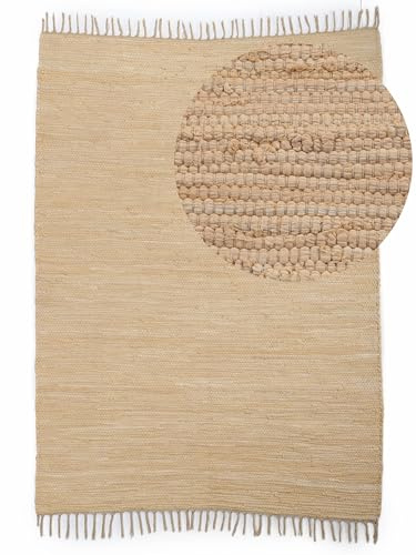 carpetfine Flickenteppich Kelim Chindi Uni Beige 90x160 cm, handgewebt | Fleckerlteppich aus Baumwolle für Wohnzimmermit Fransen