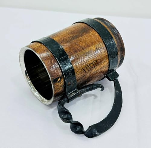 Viking Drinking wooden Mug with Black Gift Beer Steins Beer wood Tankard for Men Viking Gifts for Men for Safely Holds Tea Coffee Wine