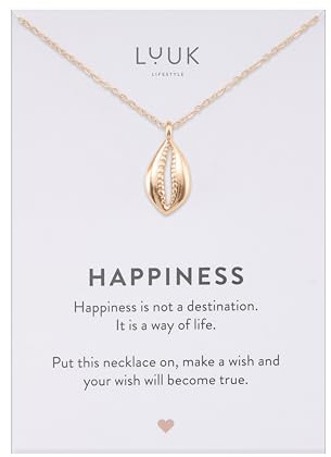 LUUK LIFESTYLE Collier pendentif petit coquillage en acier inoxydable (50 cm), carte HAPPINESS, idée cadeau pour femme, chaîne résistante à l'eau, porte bonheur, bijoux modernes, Rose