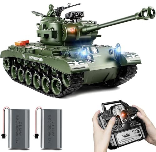 Supdex RC Panzer 1:18 US M26 Armeegrün, 2.4GHz Ferngesteuert mit Schussfunktion, WW2 Panzer Modell der Airsoft-BBS, Spielzeug mit Licht und Sound für Erwachsene und Kinder