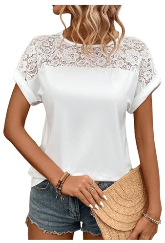 GORGLITTER Damen T-Shirt Kurzarm Sommer Büro Blusetop Elegant mit Spitzen Oberteil Rundhals Spitzentop Sommershirt Urlaub Outfit Weiß XL