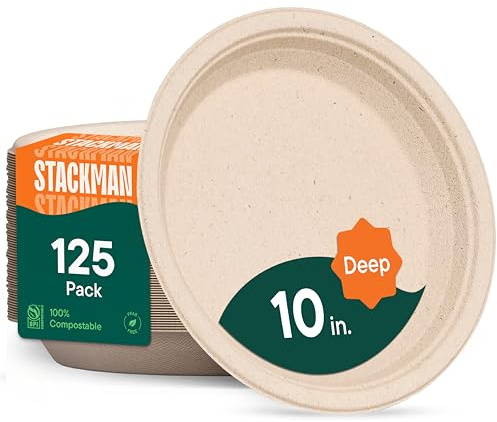 Stack Man Deep Dish Paper Plates, Heavy Duty Disposable Dinner Plates [125-Pack] 10 Inch Plates - 100% Compostable Eco-Friendly, Biodegradable Sugarcane Bagasse, Natural Brown 10 (9 Deep)