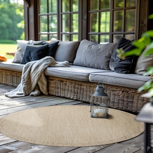 SIMPEX In- & Outdoor Teppich Wetterfest 160 cm Rund Einfarbig Beige - Waschbar, Wasserfest, Pflegeleicht und Flachgewebe - Ideal für Balkon, Garten, Terrasse und als Küchenteppich