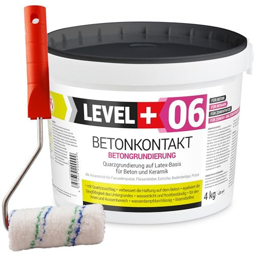 LEVEL PLUS 06 Betonkontakt 4 kg Haftbrücke Haftputzgrund Putzgrund Beton OSB Keramik Betonfarbe + Farbroller 10cm mit Bügel Set