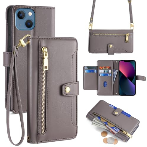 ERDARARIPRO Crossbody Phone Case for Samsung Galaxy A33 5G with Lanyard, Flip Wallet Cover with Kickstand & Magnetic Zipper [6 Card Slots+1 Cash Slots] Folio in Luxury Vegan Leather Grey