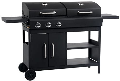 LAPOOH Barbacoa combinada de Gas y carbón con 3 fogones, Barbacoas De Carbon Y Leña, Barbacoa Portatil, Barbacoas Terrazas Pisos, Parrilla Barbacoa, Barbacoas Exterior,
