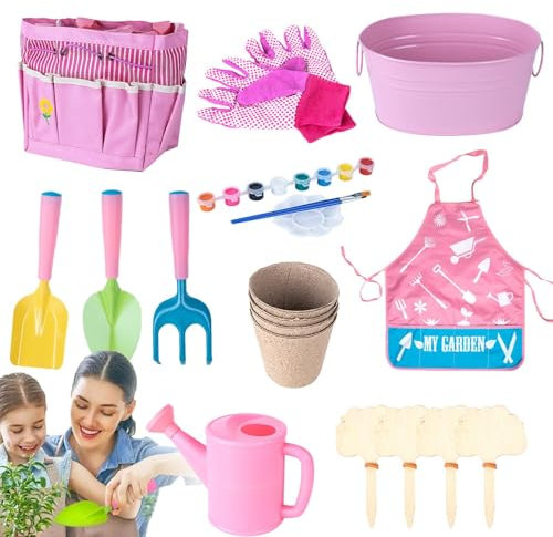 Lot de 20 outils de jardinage amusants pour jardin, avec arrosoir, pelle, râteau, gants et rangement