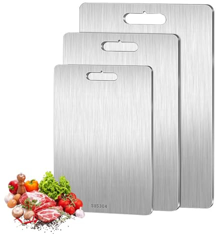 Tagliere Acciaio Inox Alimentare 304,Taglieri a Doppia Faccia Antibatterici | Set 3 Pezzi Tagliere Cucina Lavabile in Lavastoviglie,per Carne, Frutta, Verdura, Impasto (39x28+29x20+25x15cm)