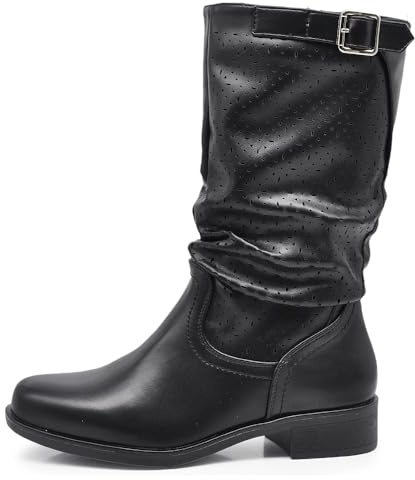 IF Fashion Bottes bottines femme motard percé printemps été avec boucle LY70-4, 205 Noir, 38 EU