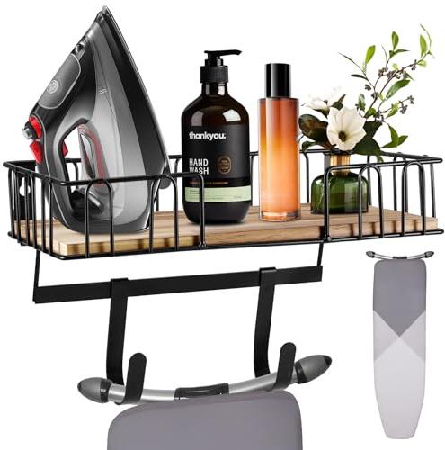 Miawtro Ironing Board Hanger,Iron Wall Mount with Large Storage Capacity Wooden Base Basket and Removable Hooks,Over Door Ironing Board Hanger Suitable for Laundry,Utility,Sewing Room Storage