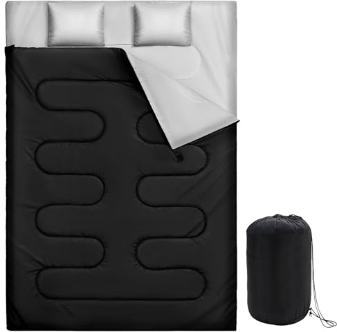 Warmiehomy Sacco a pelo doppio per adulti con 2 cuscini, 3 stagioni, king size, 300 g/m², impermeabile, XL, sacco a pelo con borsa per il trasporto, per interni ed esterni, calda trapunta da campeggio