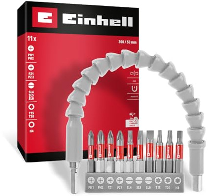 Einhell 11 pezzi set di inserti | Albero flessibile da 300 mm | magnete permanente | inserti da 50 mm | acciaio CrV | attacco E 6.3 | barra portainserti