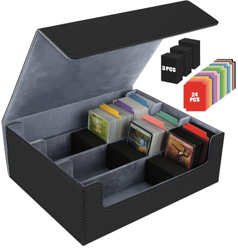 Caja de Tarjetas para Más de 2000 Tarjetas, Cajas de Almacenamiento de Tarjetas Coleccionables con 24 Divisores de Colores y 3 Espuma, Cajas de Cubierta Magnéticas Premium, para TCG Magic(Negro Gris)
