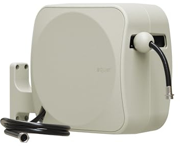 Aquor Retractable Garden Hose Reel, 80ft x 5/8 Retractable Water Hose Reel, Automatic Rewind with Wall Mount, 180° Swivel, Heavy-Duty UV-Resistant Casing (Sand)